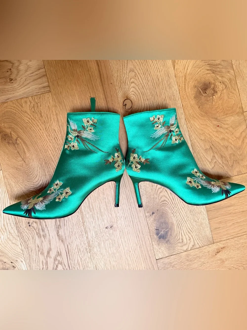 Zara Emerald Green Satin Embroidered Ankle Boots